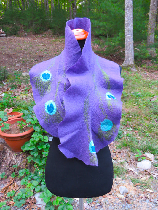 Ruffle Scarf, wet felted, peacock pattern on purple
