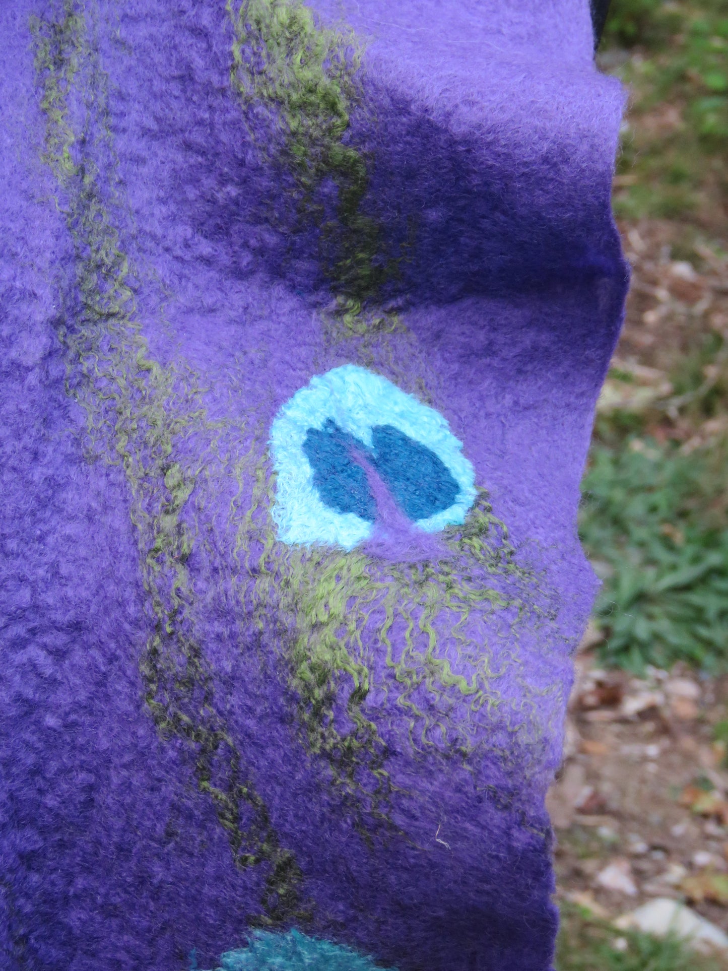 Ruffle Scarf, wet felted, peacock pattern on purple