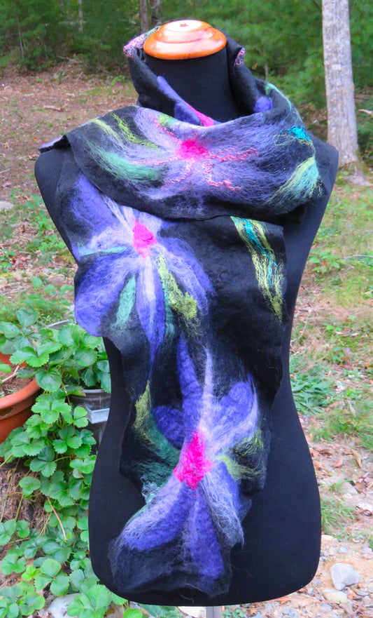 Ruffle Scarf, wet felted, floral pattern on black base