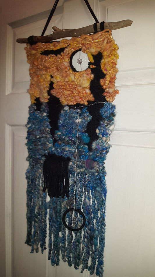 Tapestry, large, Reflections Tapestry, handspun blues and oranges