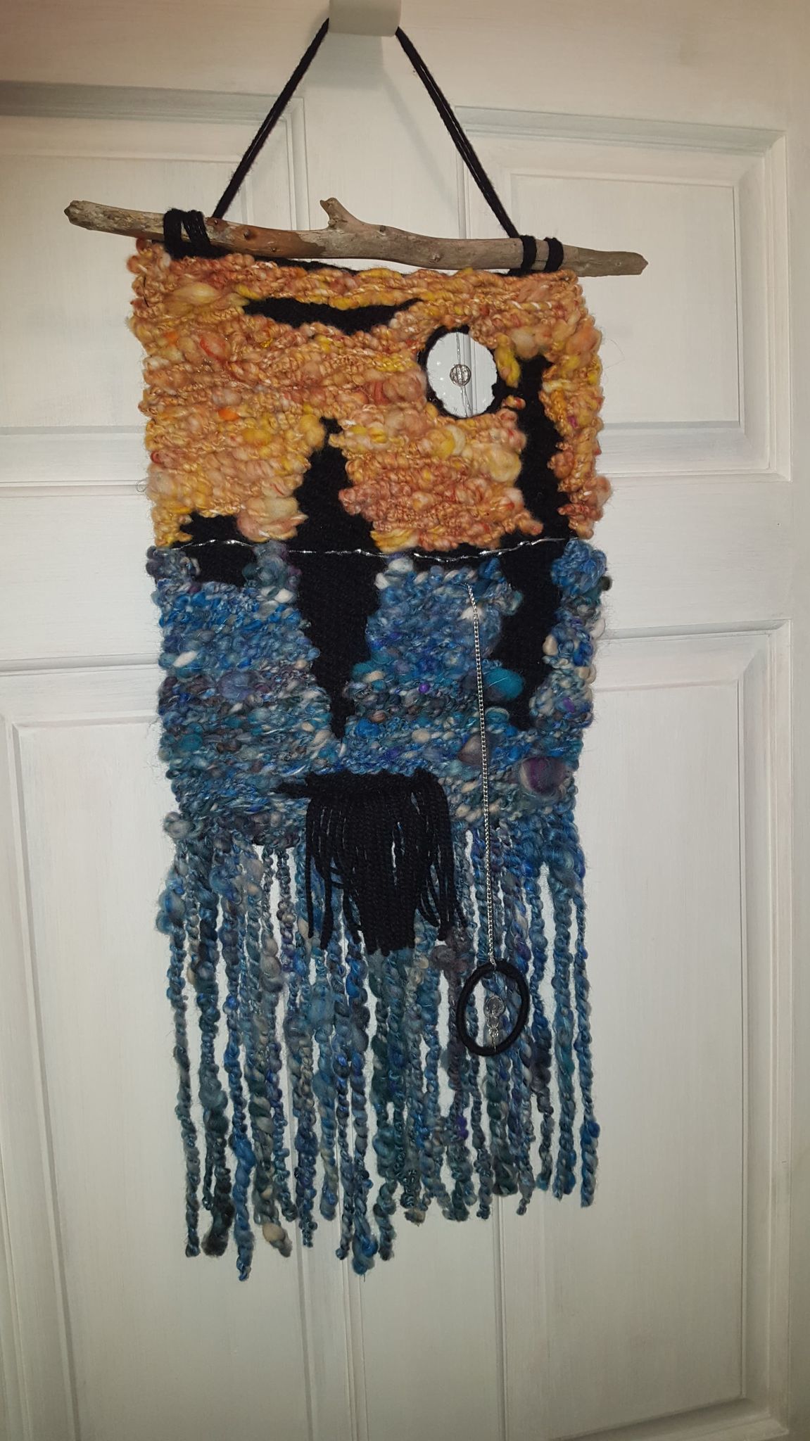 Tapestry, large, Reflections Tapestry, handspun blues and oranges