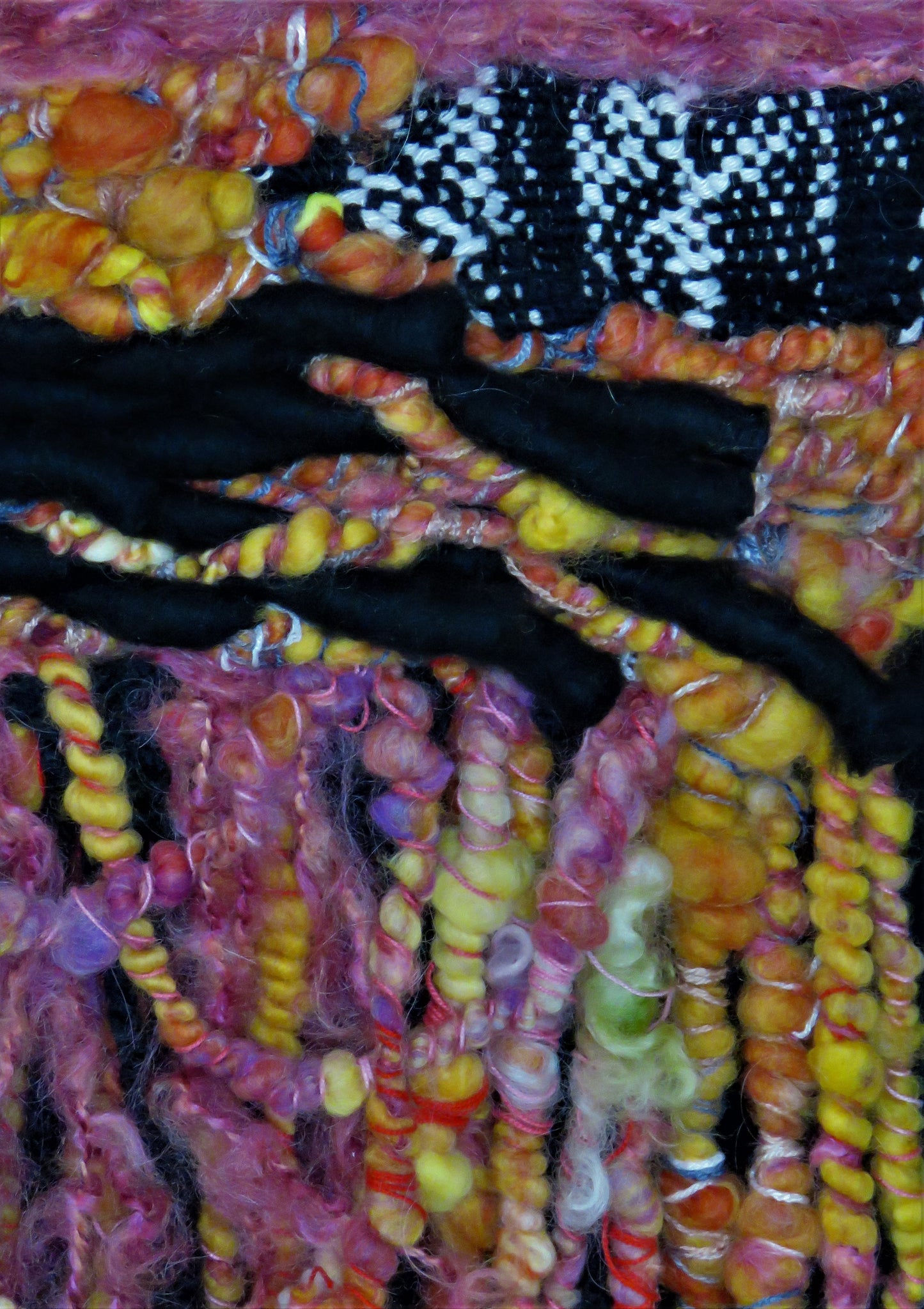 Tapestry, medium, pink, black, yellow, white