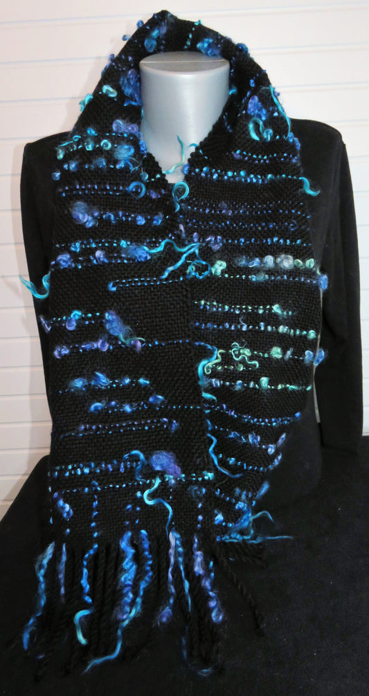 Scarf, woven, Black woven scarf with blue and purple locks
