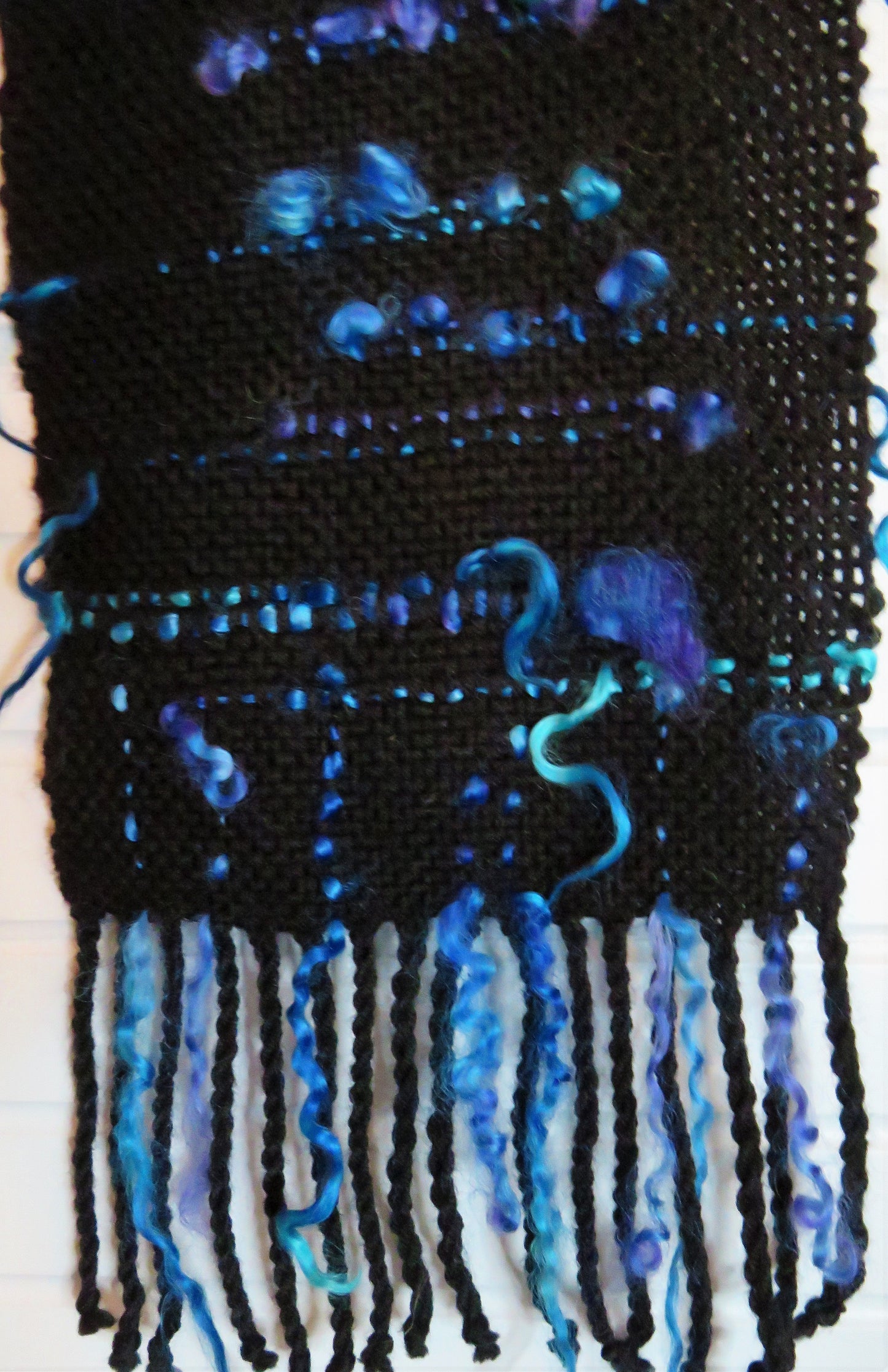 Scarf, woven, Black woven scarf with blue and purple locks