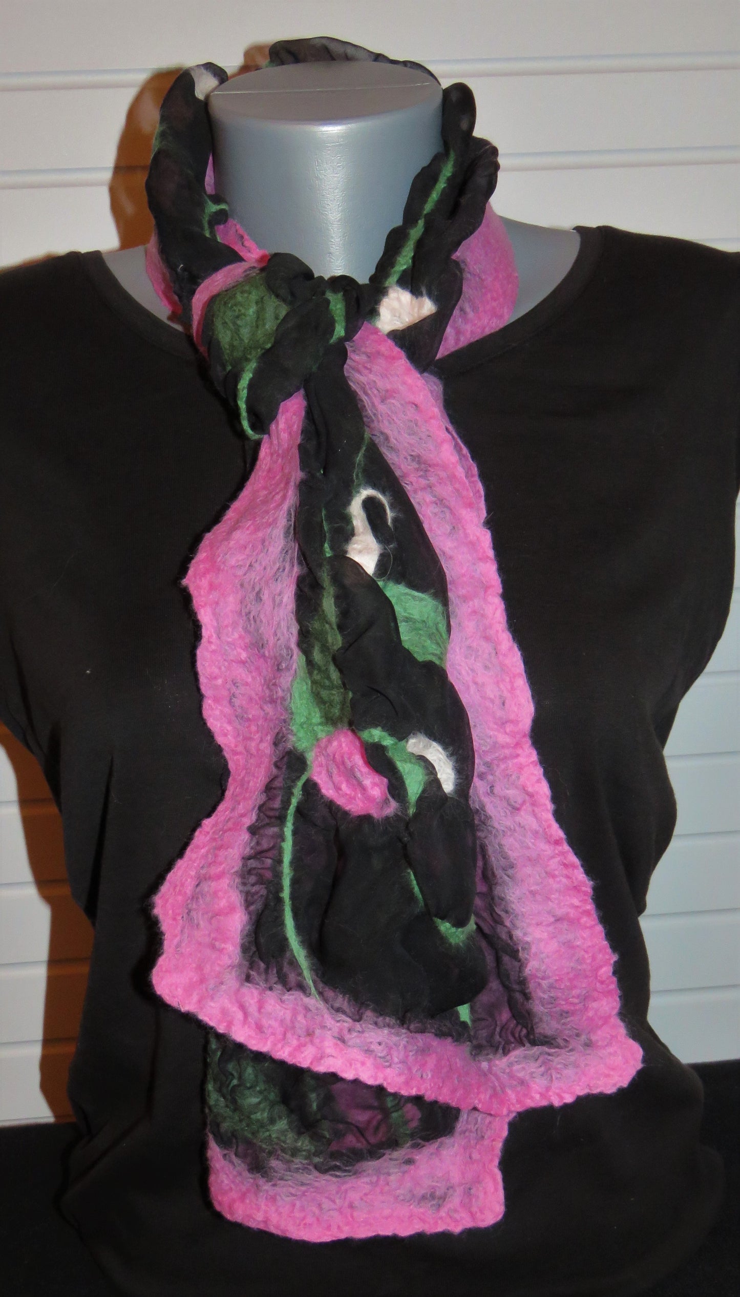 Scarf, Nuno felted scarf, black silk, merino roses in pinks,