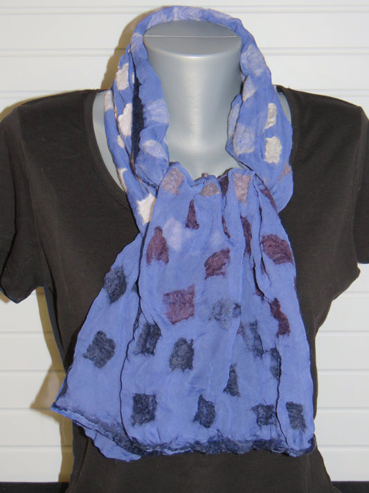 Scarf, Nuno Felted polyester and Merino wool, purple, periwinkle, blue, navy, silver