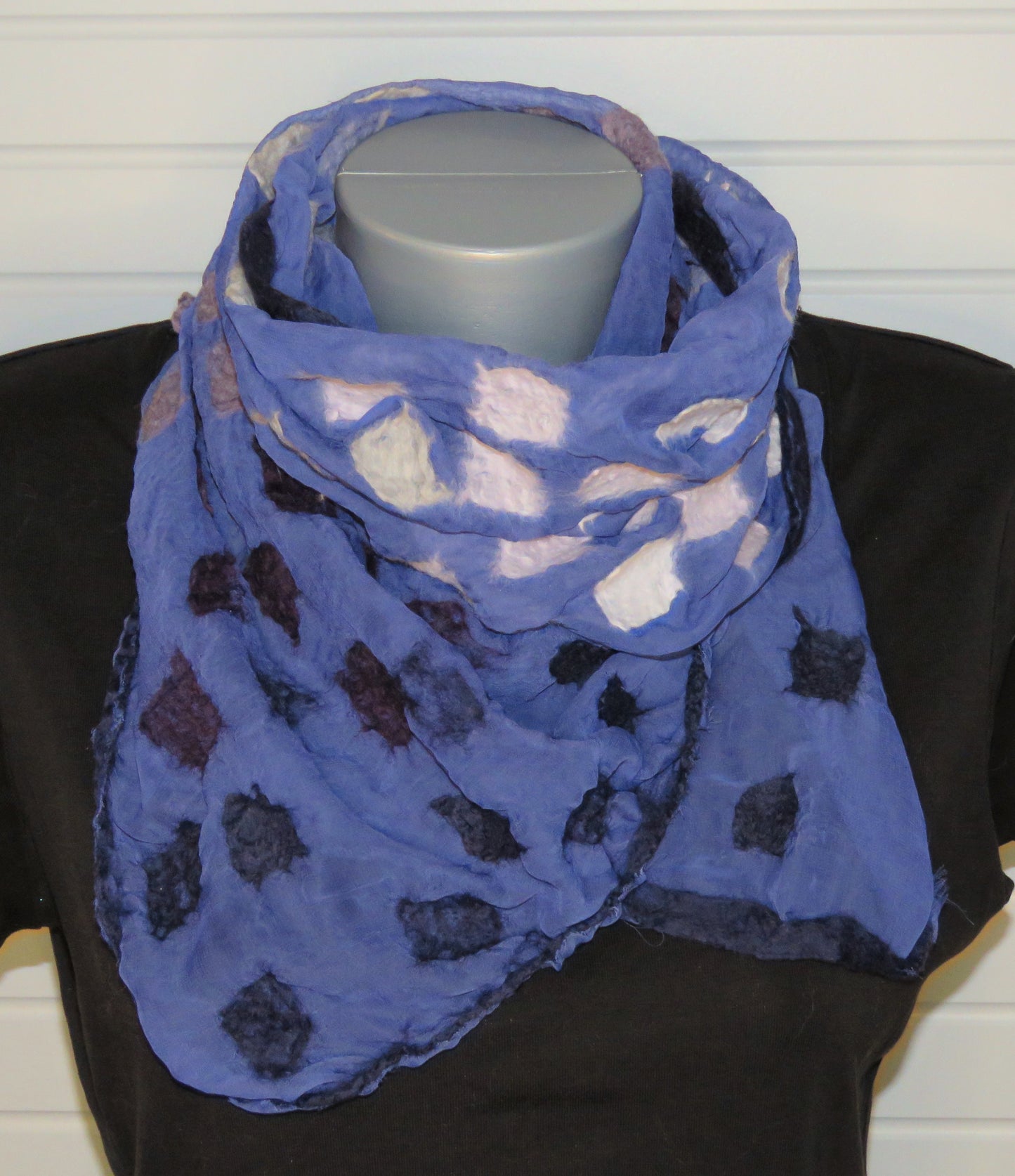 Scarf, Nuno Felted polyester and Merino wool, purple, periwinkle, blue, navy, silver